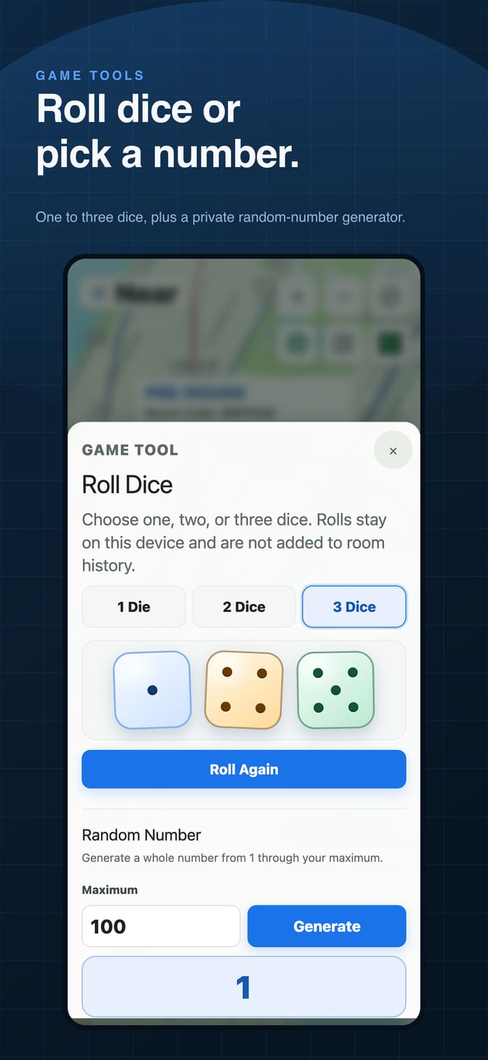 Near dice page with dice rolls and a random number tool