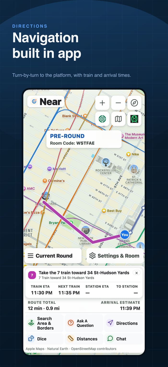 Near directions tool showing a route across the map