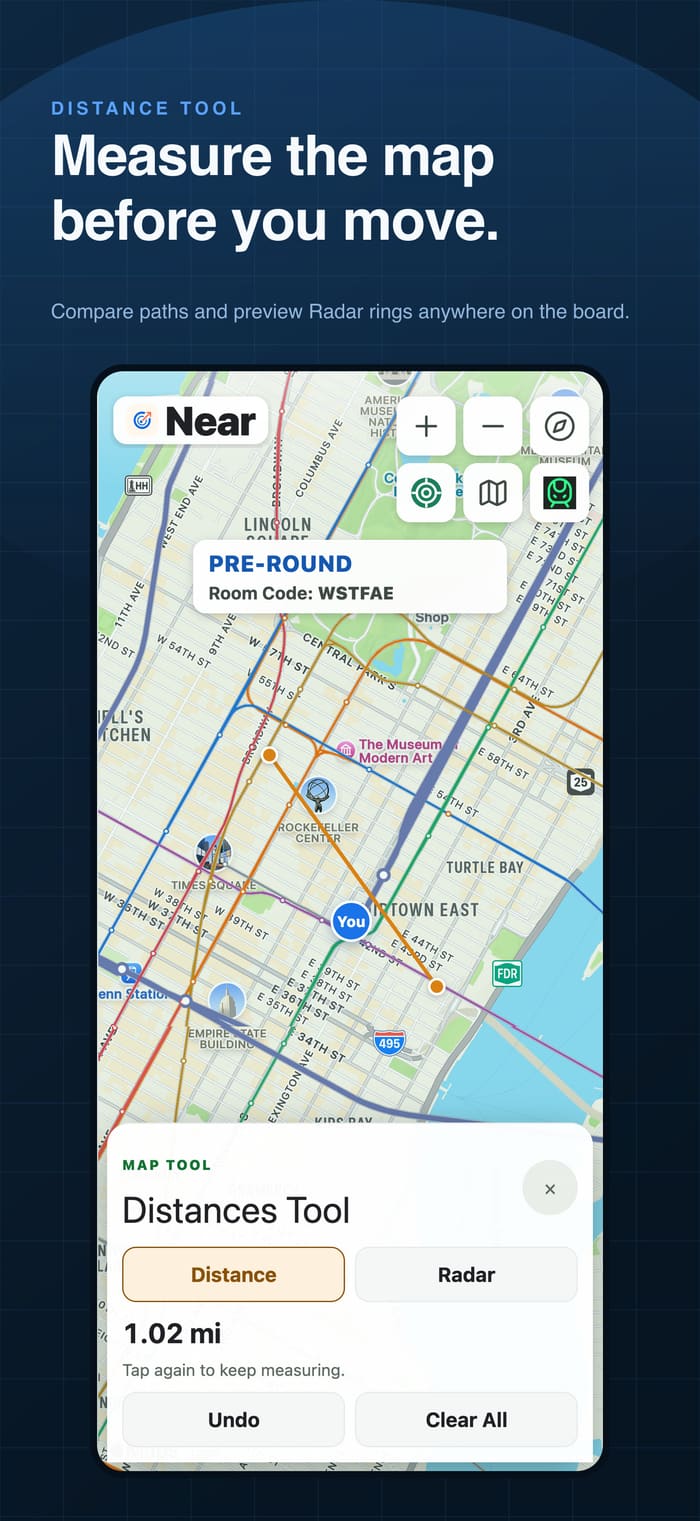 Near Distances Tool showing a distance ring on the map