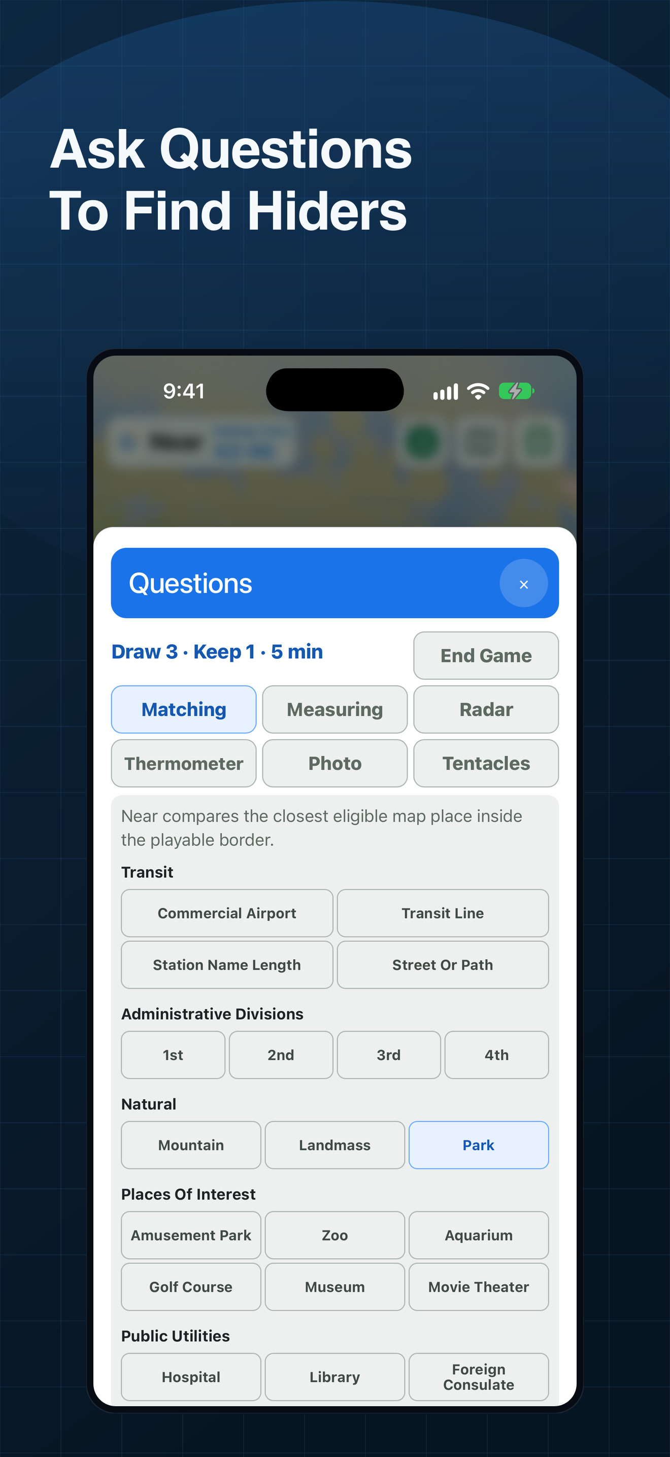 Near question categories on iPhone, with six question types plus End Game