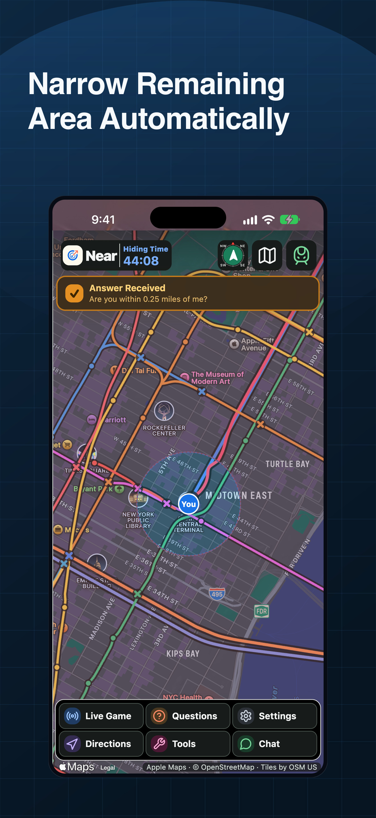 Near map on iPhone with an answered Radar shading the ruled-out area