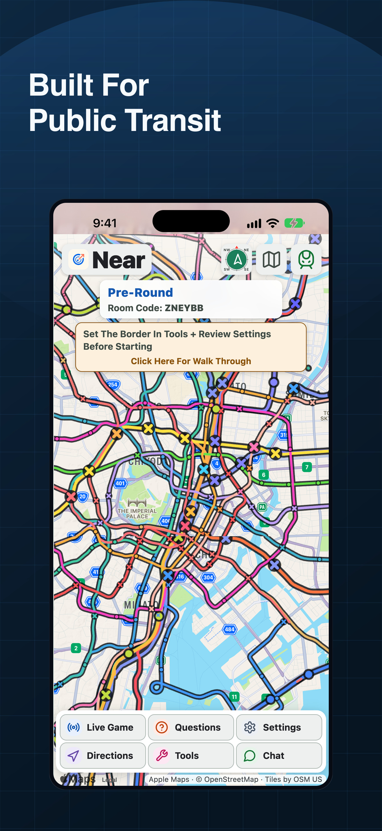 Near map on iPhone showing Tokyo rail routes and station stops