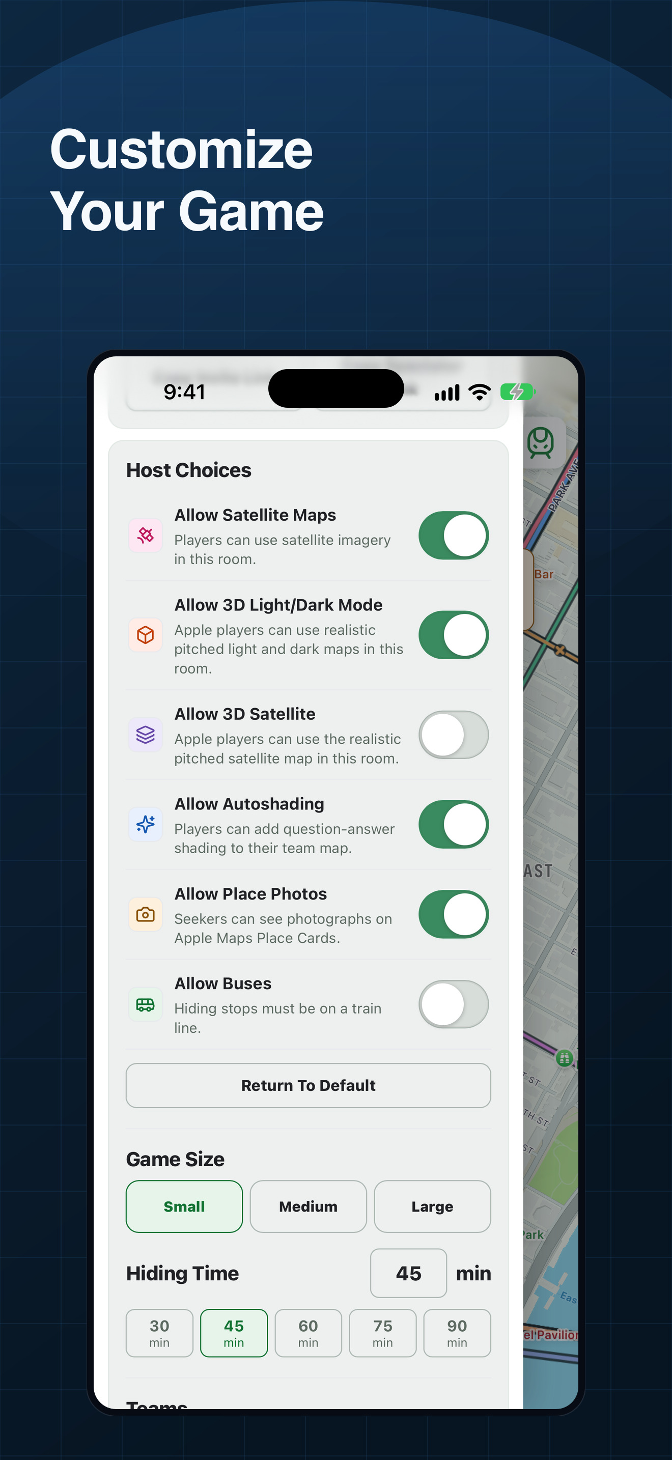 Near game settings on iPhone with host permission toggles and game size
