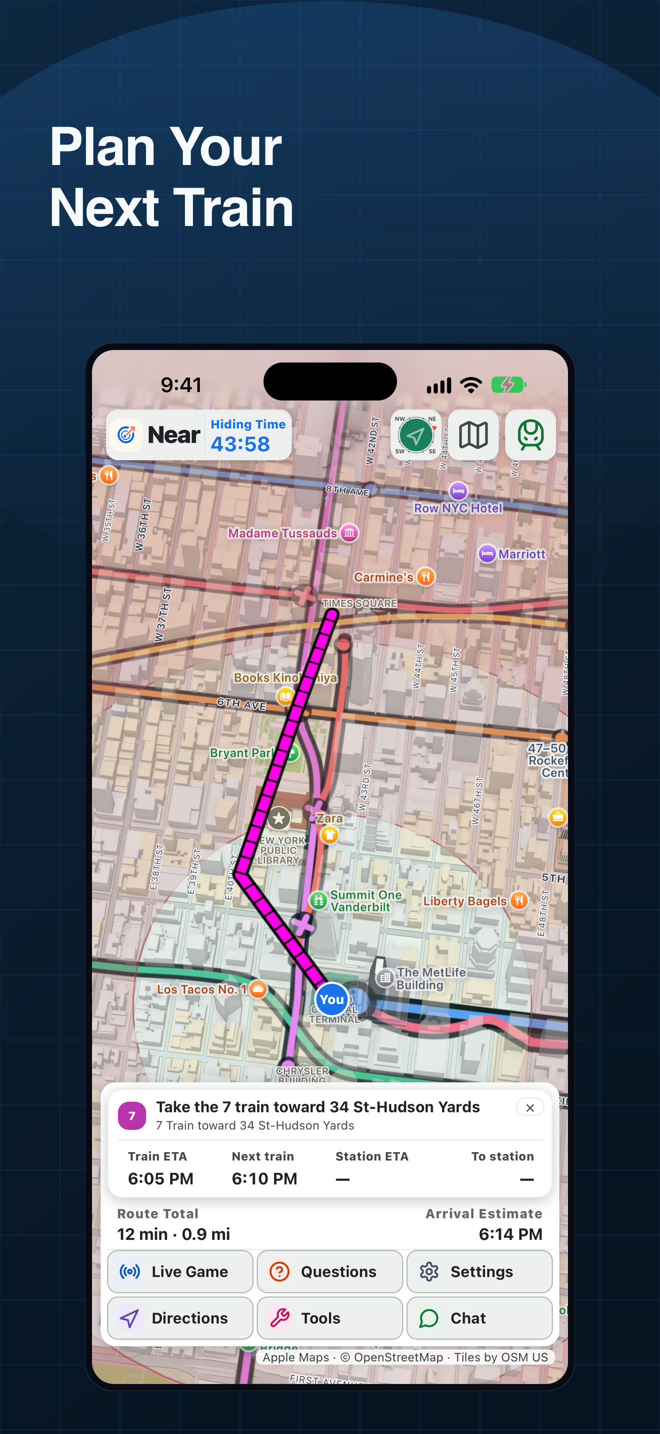 Near directions on iPhone showing a full route with train guidance on a 3D map