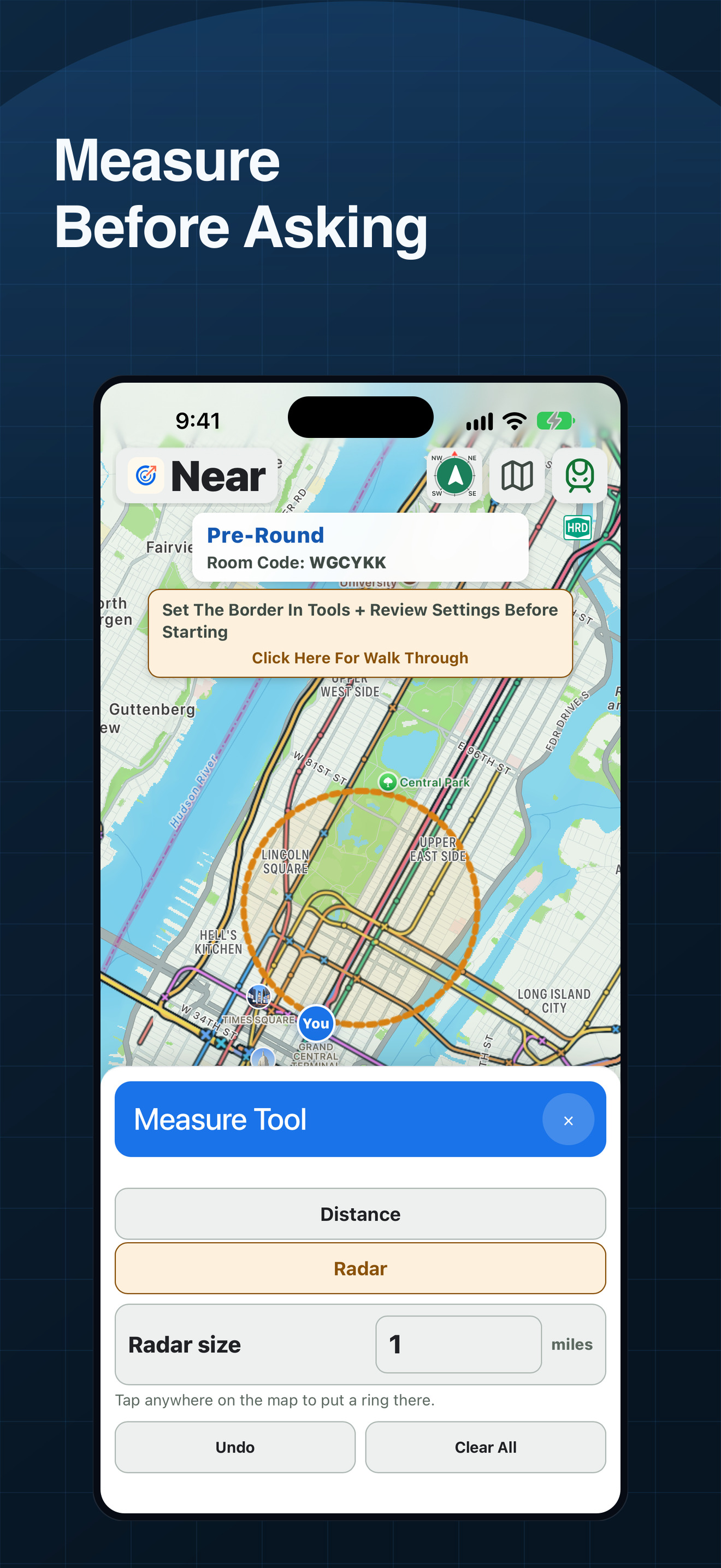 Near measure tool on iPhone drawing a one-mile ring on the map